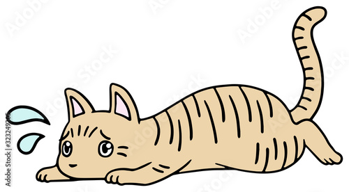 倒れた猫のイラスト_茶トラ_困り顔
