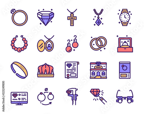 Jewelry color linear vector icons set.