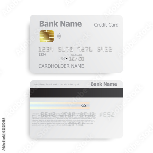 Detailed realistic credit cards on grey background. Bank, credit card front and back view mockup. Realistic detailed blank credit cards.
