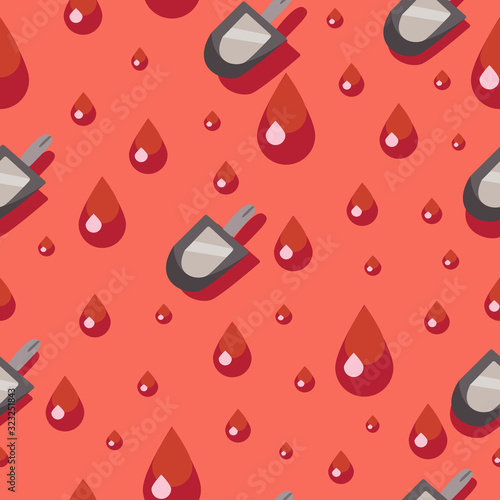 World diabetes day pattern. On a red background drops of blood and a glucometer. Medical pattern.