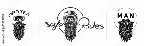 Sketch of hipster rider wearing a helmet for safe ride logo, vector illustration.