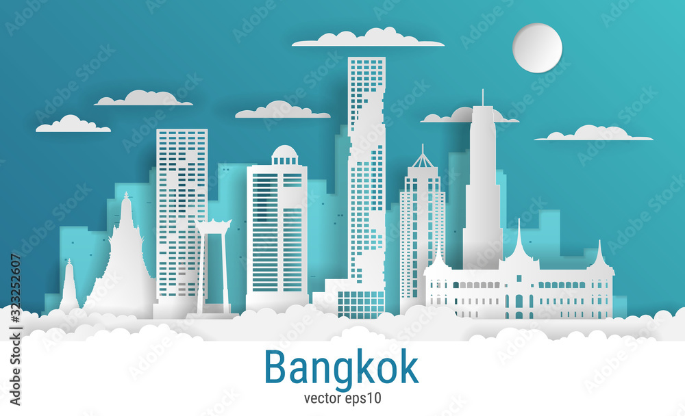 Paper cut style Bangkok city, white color paper, vector stock illustration. Cityscape with all famous buildings. Skyline Bangkok city composition for design.