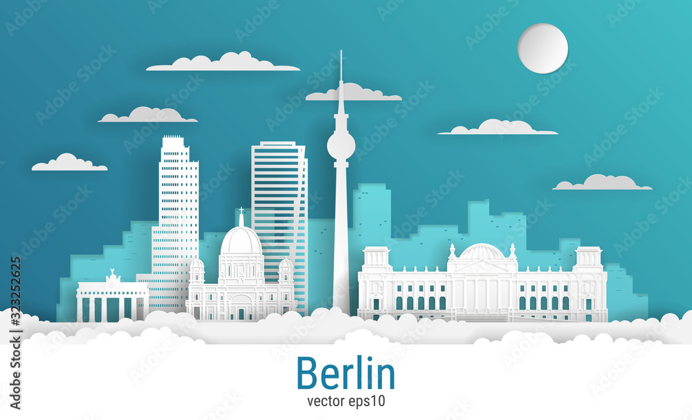 Fototapeta premium Paper cut style Berlin city, white color paper, vector stock illustration. Cityscape with all famous buildings. Skyline Berlin city composition for design.