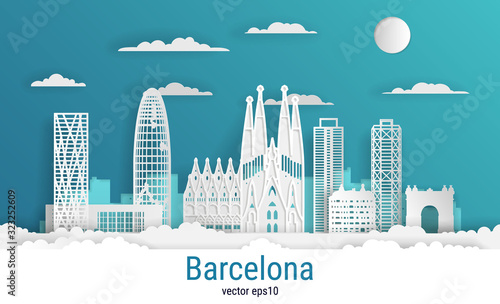Paper cut style Barcelona city, white color paper, vector stock illustration. Cityscape with all famous buildings. Skyline Barcelona city composition for design.