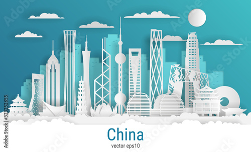 Paper cut style China city, white color paper, vector stock illustration. Cityscape with all famous buildings. Skyline China city composition for design.