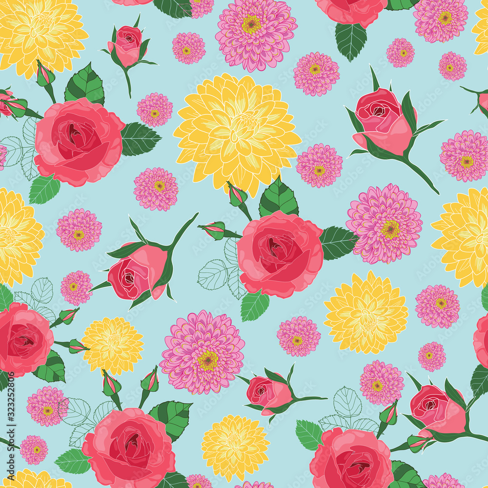 Seamless floral pattern roses and chrysanthemum flowers Seamless floral pattern roses and chrysanthemum flowers