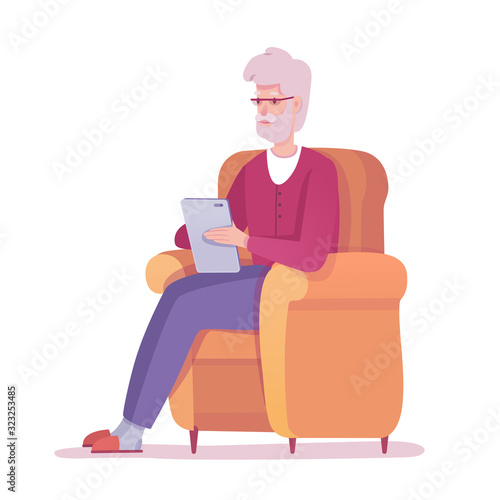 Old man with digital tablet isolated on white
