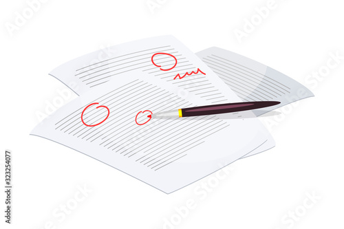 Paper page with typed text and red notes on white