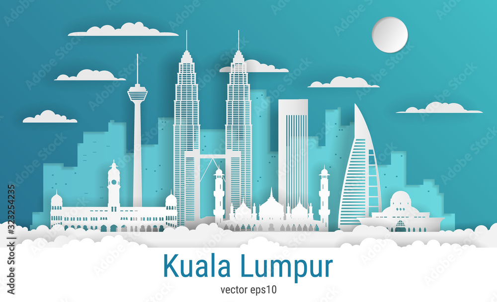Naklejka premium Styl cięcia papieru Kuala Lumpur, biały kolor papieru, ilustracji wektorowych. Pejzaż miejski ze wszystkimi słynnymi budynkami. Skyline Kuala Lumpur kompozycja miasta do projektowania.
