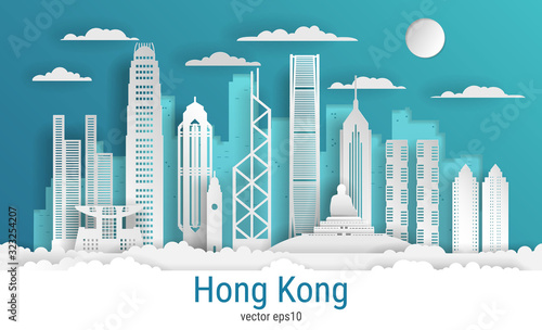 Paper cut style Hong Kong city, white color paper, vector stock illustration. Cityscape with all famous buildings. Skyline Hong Kong city composition for design. photo