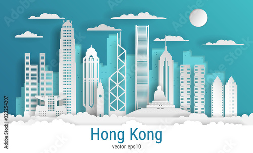 Paper cut style Hong Kong city, white color paper, vector stock illustration. Cityscape with all famous buildings. Skyline Hong Kong city composition for design.