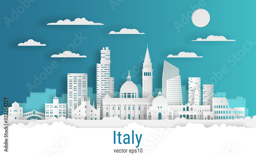 Paper cut style Venice Italy, white color paper, vector stock illustration. Cityscape with all famous buildings. Skyline Venice city composition for design.