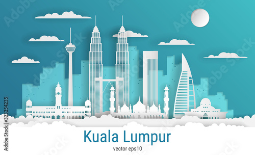 Paper cut style Kuala Lumpur city, white color paper, vector stock illustration. Cityscape with all famous buildings. Skyline Kuala Lumpur city composition for design.