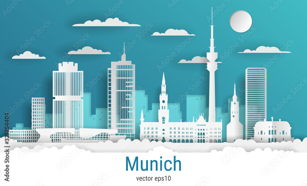 Obraz premium Paper cut style Munich city, white color paper, vector stock illustration. Cityscape with all famous buildings. Skyline Munich city composition for design.