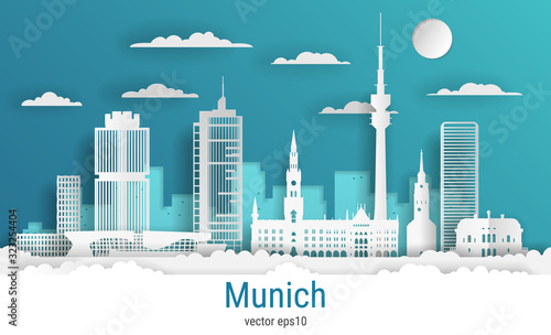 Paper cut style Munich city, white color paper, vector stock illustration. Cityscape with all famous buildings. Skyline Munich city composition for design.