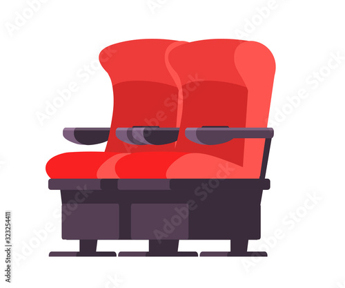 Cinema seats vector illustration. Cartoon movie theater comfortable chair isolated clipart on white background. Red modern armchair for auditorium and concert hall design element.