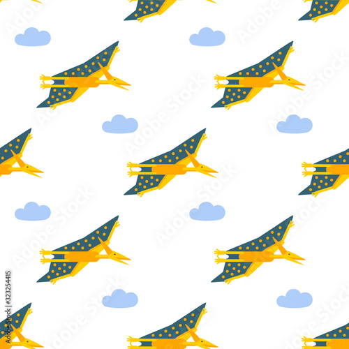 Seamless pattern with flat style icon of Pteranodon. Background with pterosaur for different design.