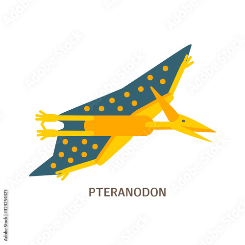 Simple flat style icon of Pteranodon with text. Pictogram of pterosaur for print on t-shirt or design card.