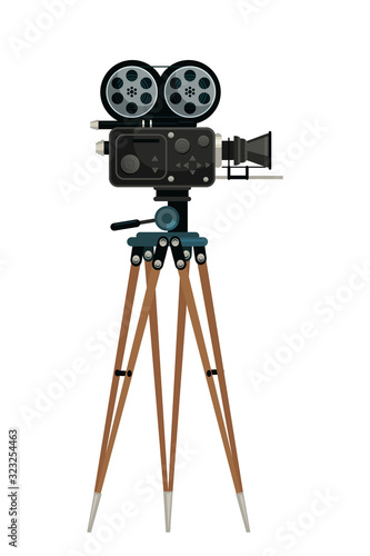 Camera on tripod vector illustration. Black old fashioned videocamera isolated clipart on white background. Cinematography and filmmaking, cameraman equipment. design element.