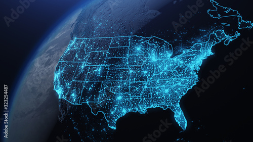 Fototapeta Naklejka Na Ścianę i Meble -  3D illustration of USA and North America from space at night with city lights showing human activity in United States