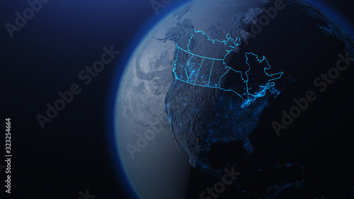 3D illustration of Canada and North America from space at night with city lights showing human activity in United States