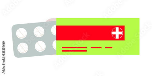 Tablets and capsules in blister, paper packages. Pharmaceutical objects isolated on white. Painkillers, antibiotics, vitamins and aspirin drugs. Cartoon medicines healthcare kit. Vector illustration.