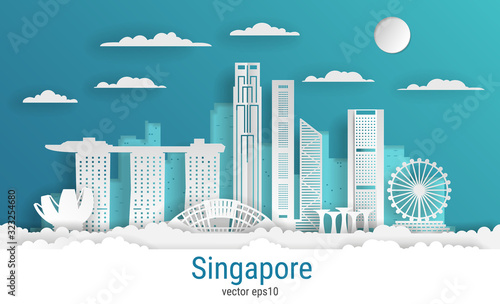 Paper cut style Singapore city, white color paper, vector stock illustration. Cityscape with all famous buildings. Skyline Singapore city composition for design.