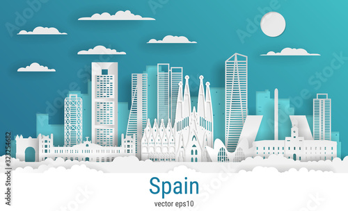 Paper cut style Spain, white color paper, vector stock illustration. Cityscape with all famous buildings. Skyline Madrid city composition for design.