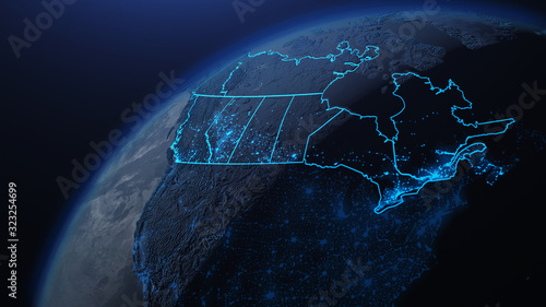 3D illustration of Canada and North America from space at night with city lights showing human activity in United States