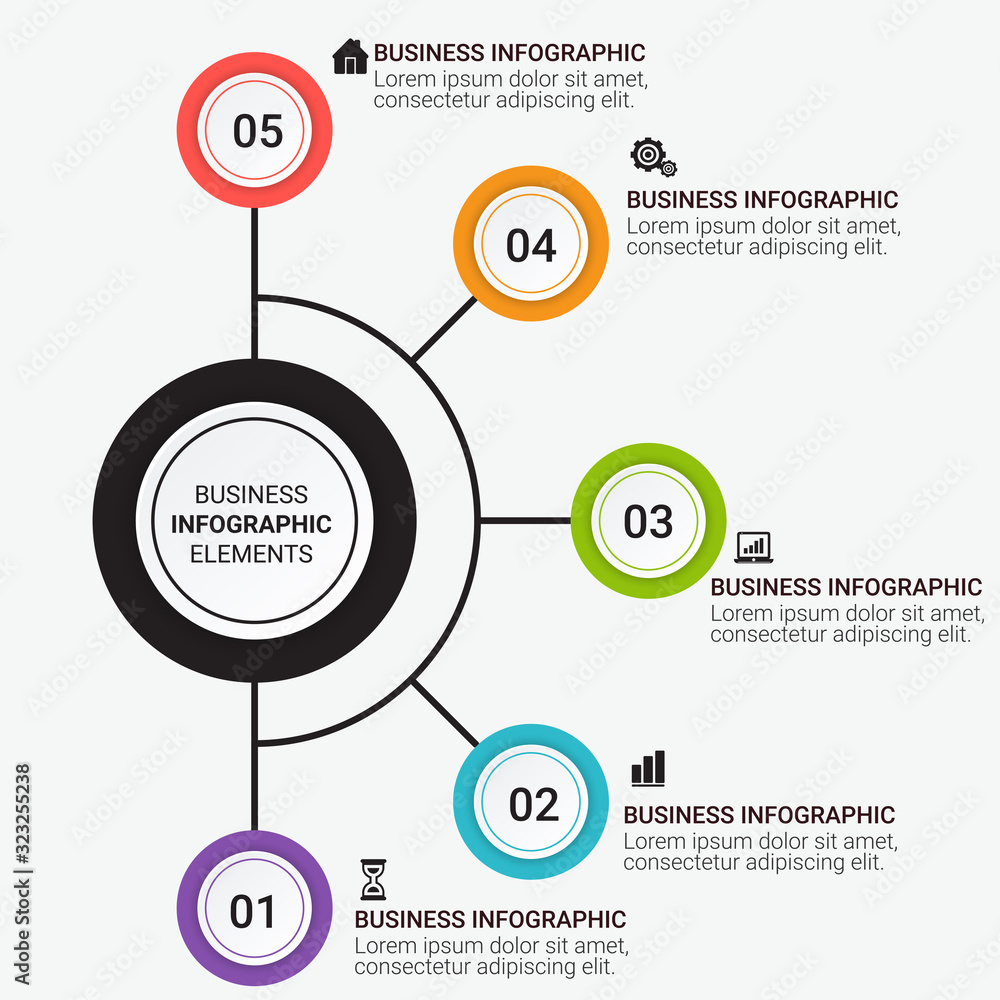  Business and other elements for infographic. Template for diagram, graph, presentation and chart. Business concept with 3, 4 and 5 options, parts, steps or processes.