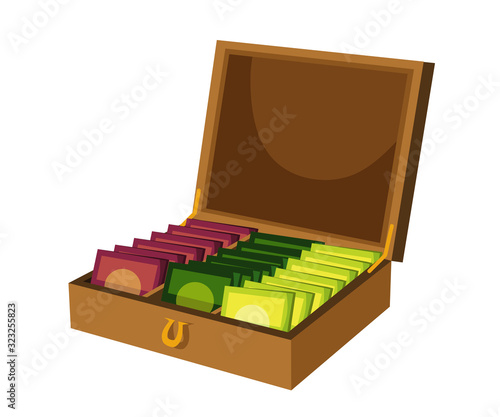 Flat wooden box with tea bags isolated on white