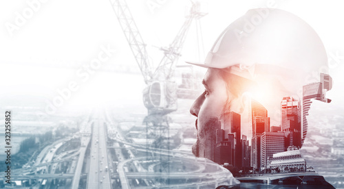 Future building construction engineering project concept with double exposure graphic design. Building engineer, architect people or construction worker working with modern civil equipment technology. photo