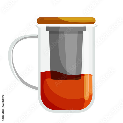Transparent glass cup with tea strainer on white