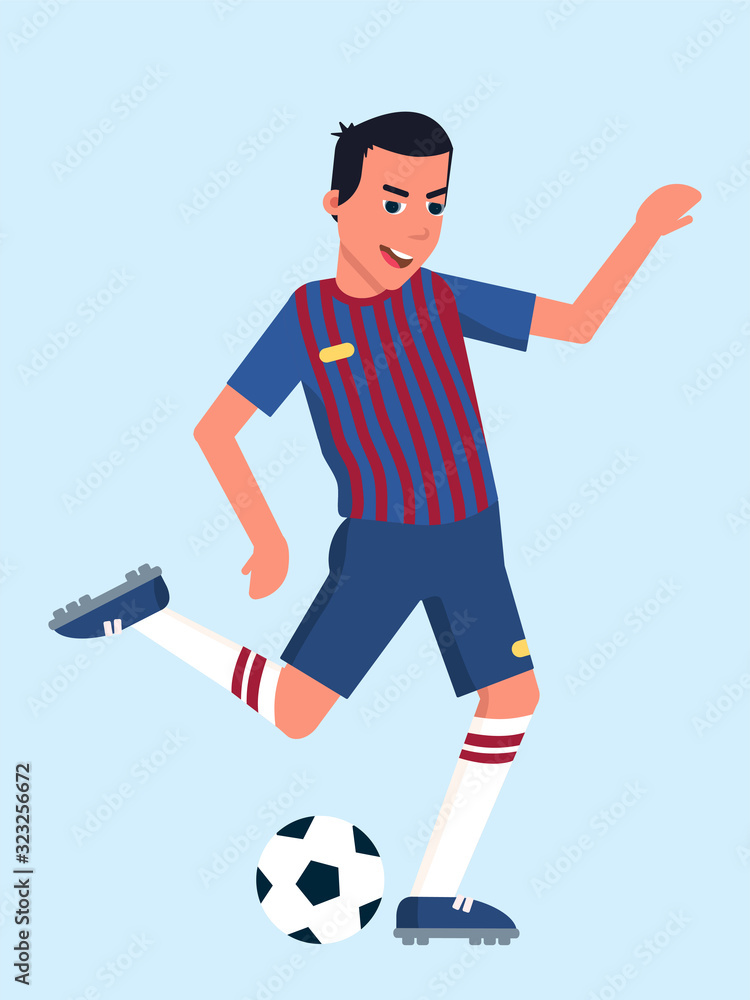 Football player flat vector illustration. Footballer kicking ball on pitch cartoon characterisolated on blue background. Smiling soccer player in red and blue uniform plays.
