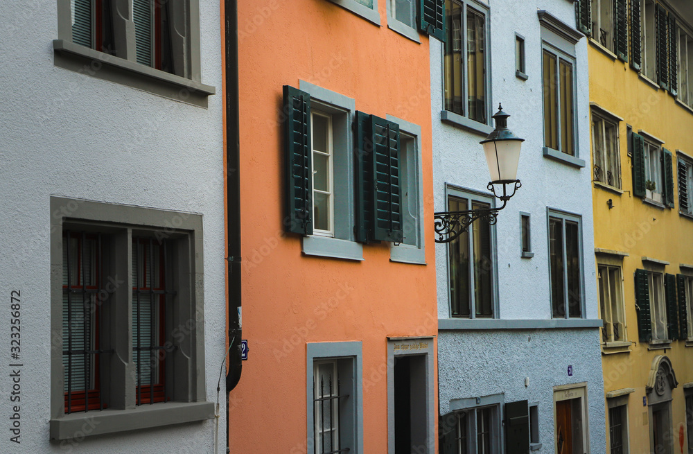 Colorful Facade with Windows and Shutters, Zurich Switzerland