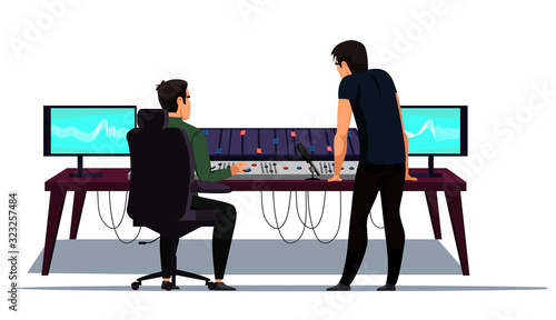 Sound music recording and creation studio at work. Record producer audio engineer workplace. Different equipment for capturing, mixing, mastering song isolated on white. Vector illustration.