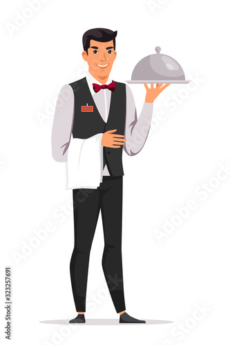 Waiter character holding tray standing on white