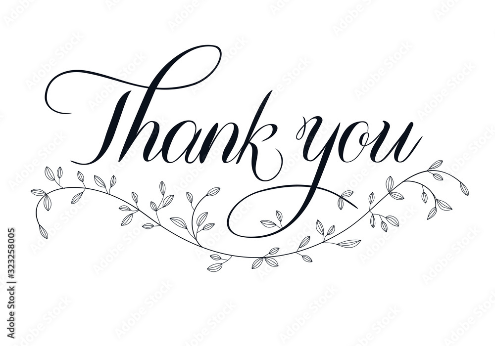 Thank you, lettering hand written text with flower  decor vector illustration isolated on white