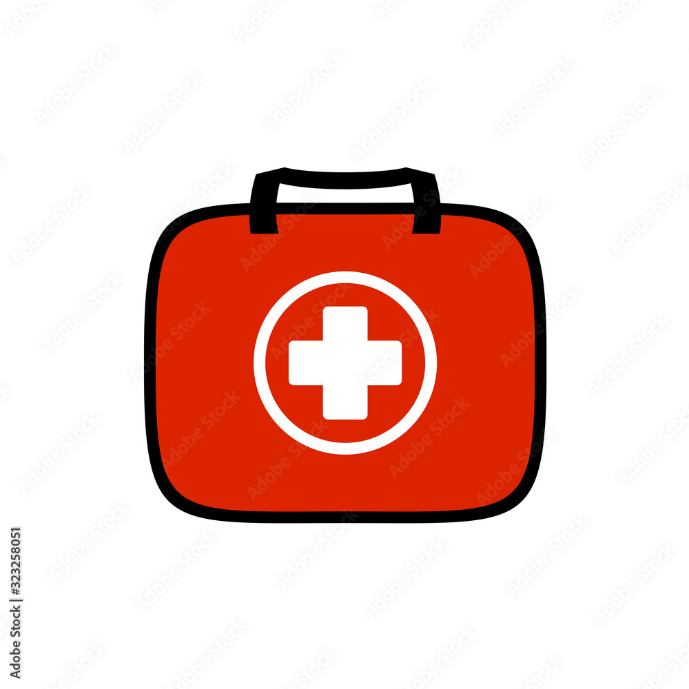 First aid kit for travel purposes symbol. Red bag with a medical cross and handle. First aid kit for travel purposes symbol. Red bag with a medical cross and handle.