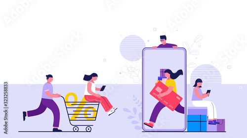 Shopping online on website or mobile application. People buy online making payments from smartphone. Online stores and e-commerce.