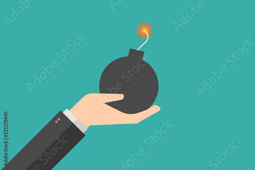 hand holding ball bomb . Bomb ready to explosion. vector illustration flat design