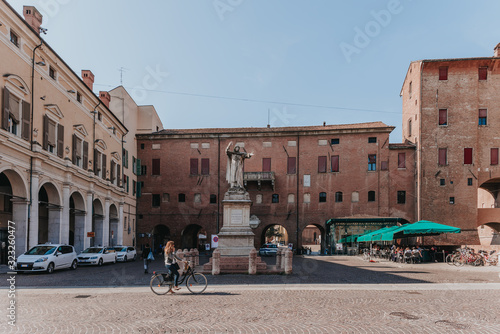 Piazza Savonarola and monumet to Savonarola in Ferrara, Emilia-Romagna, Italy. Ferrara is capital of the Province of Ferrara photo