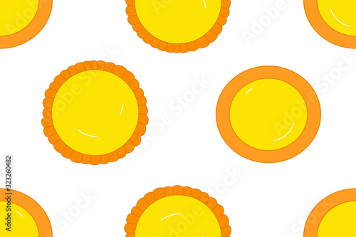 Two types of egg tarts, custard tarts seamless pattern background. Cartoon hand drawn Chinese food, Hong Kong dim sum and Asian dessert background. Great for kitchen wallpaper, card, menu, packaging.