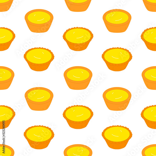 Doodle two types of egg tarts, custard tarts seamless pattern background. Cartoon hand drawn Chinese food, Hong Kong dim sum and Asian dessert background. Great for kitchen wallpaper, card, menu.