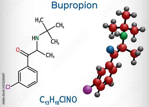 Bupropion, C13H18ClNO molecule. It is used for the treatment of Major Depressive Disorder (MDD), Seasonal Affective Disorder (SAD), smoking cessation. Structural chemical formula and molecule model