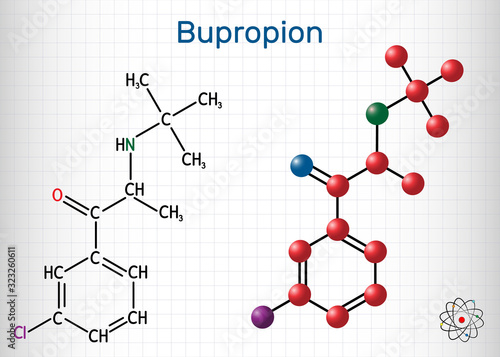 Bupropion, C13H18ClNO molecule. It is used for the treatment of Major Depressive Disorder (MDD), Seasonal Affective Disorder (SAD), smoking cessation. Sheet of paper in a cage.