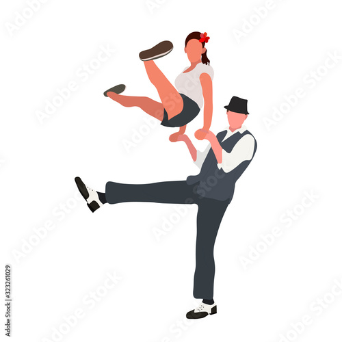  Dancers isolated on white background. Man and woman dancing Lindy hop or Swing. People cartoon characters performing dance at school or party. Dancing couple without face vector illustration.