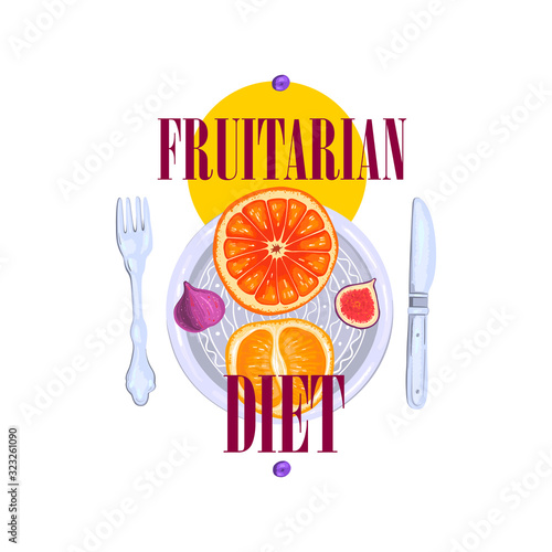 Stock logo “Fruitarian Diet”. Tropical fruit on the plate with cutlery and lettering isolated on white. Realistic label for veggie organic café, restaurants and natural markets. Non-GMO products