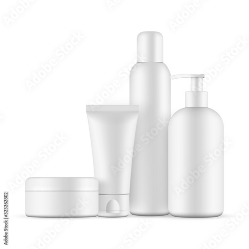 Collection of blank plastic containers mockups: bottle with cap, bottle with pump, jar, small tube. Vector illustration