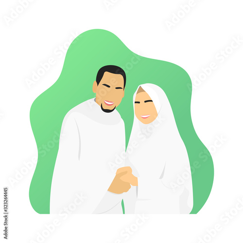 Couple of muslim husband and wife holding hands, wearing islamic dress ready for Hajj or umrah pilgrimage to Mecca. Ihram clothes. Kaaba pilgrims. Islam religion clothing - Flat vector illustration.